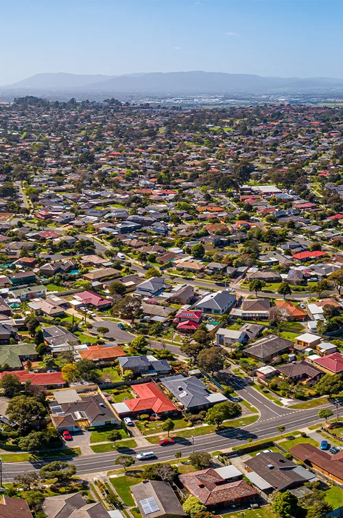 Aerial view of a suburban residential neighbourhood with tree-lined streets